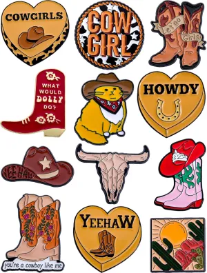 Cowgirl Enamel Pins Set  Western-Themed Pins with Boots, Hats, and Cactus for Backpacks, Jackets, Gifts  Collectible Metal Lapel Pins for Country Girls, Rodeo Fans & Western Aesthetic  12-Pack