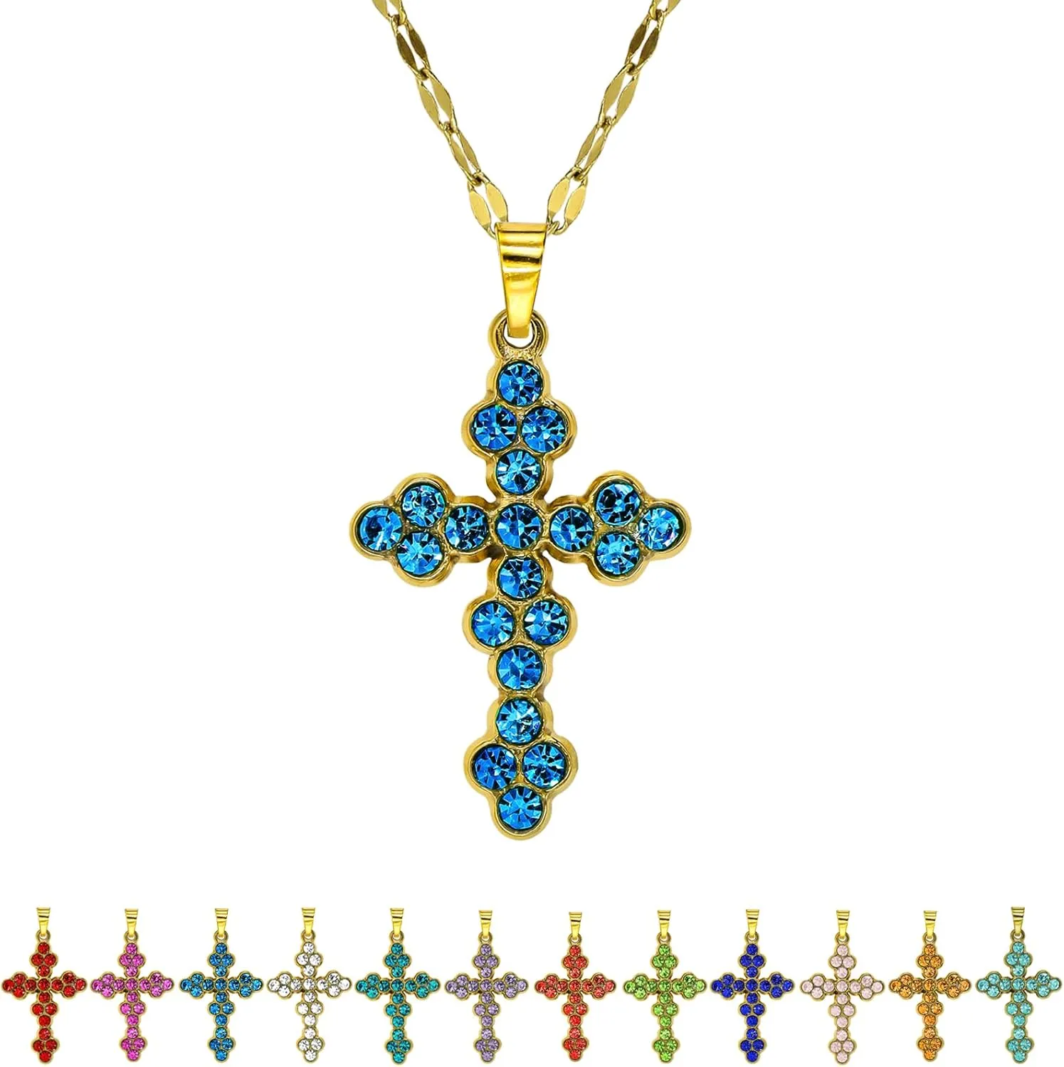 Cross Birthstone Necklace for Women - Charms Pendant with Gold Chain Christian Jewelry Birthday Gifts for Mom Family