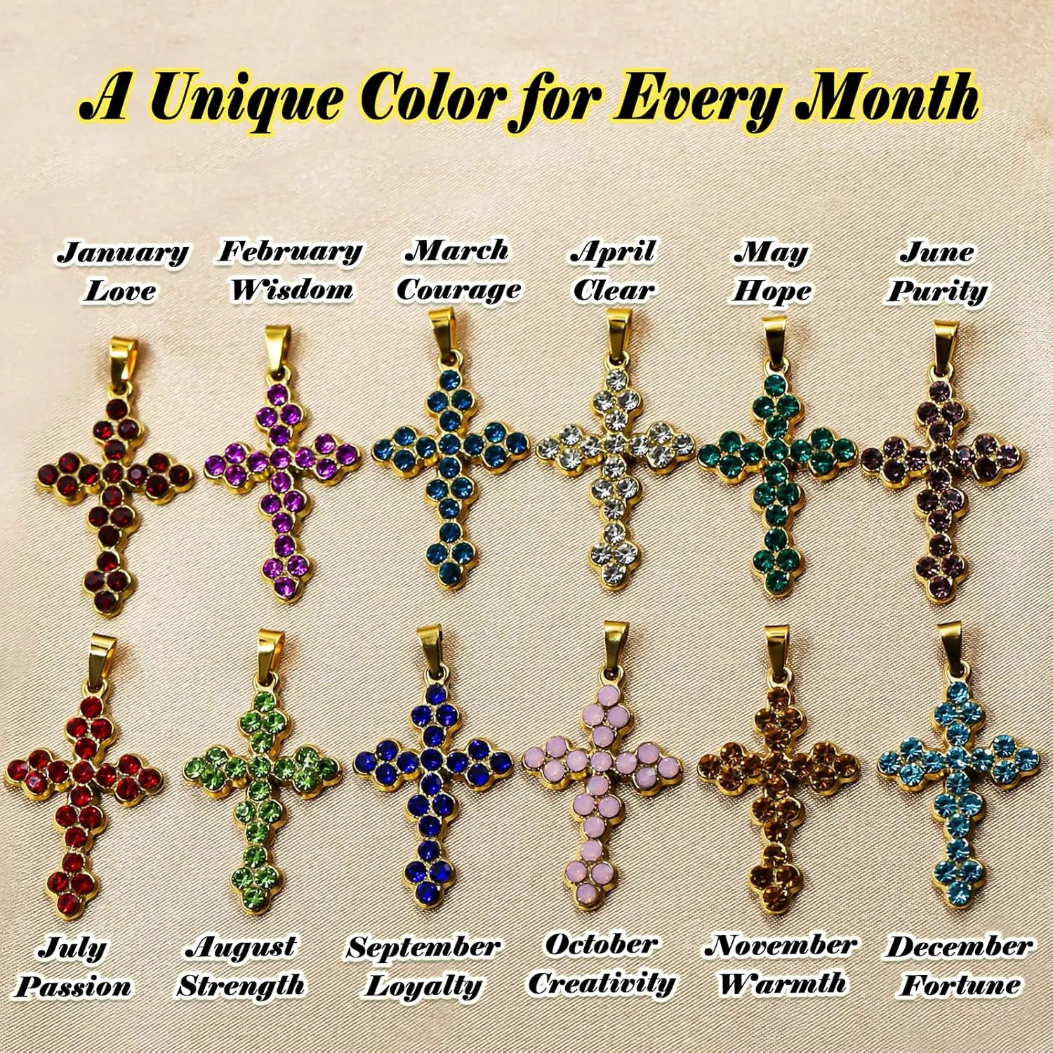 Cross Birthstone Necklace for Women - Charms Pendant with Gold Chain Christian Jewelry Birthday Gifts for Mom Family