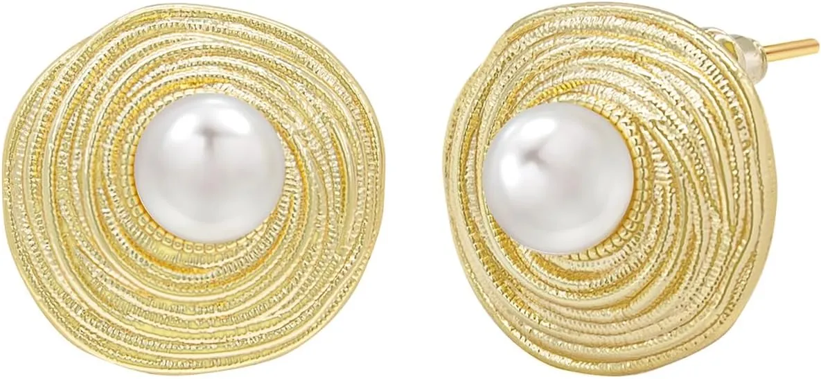 C.SEZIE 18K Gold Plated Twisted Round Stud Earrings for Women, Women's Freshwater Pearl Earrings, 925 Sterling Silver Post Earrings for Women Party Jewelry