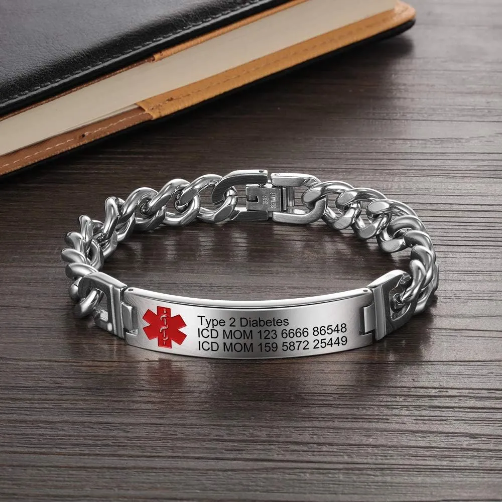 Custom Medical Alert Bracelet Engraved Emergency ID Stainless Steel Bracelets for Adults Men Women 7.5-8.5-9.8 Inch