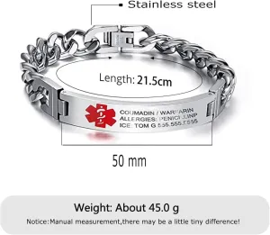 Custom Medical Alert Bracelet Engraved Emergency ID Stainless Steel Bracelets for Adults Men Women 7.5-8.5-9.8 Inch