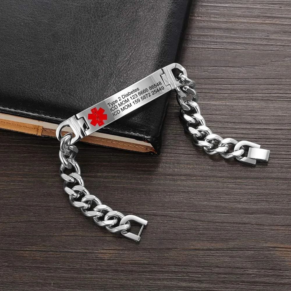 Custom Medical Alert Bracelet Engraved Emergency ID Stainless Steel Bracelets for Adults Men Women 7.5-8.5-9.8 Inch