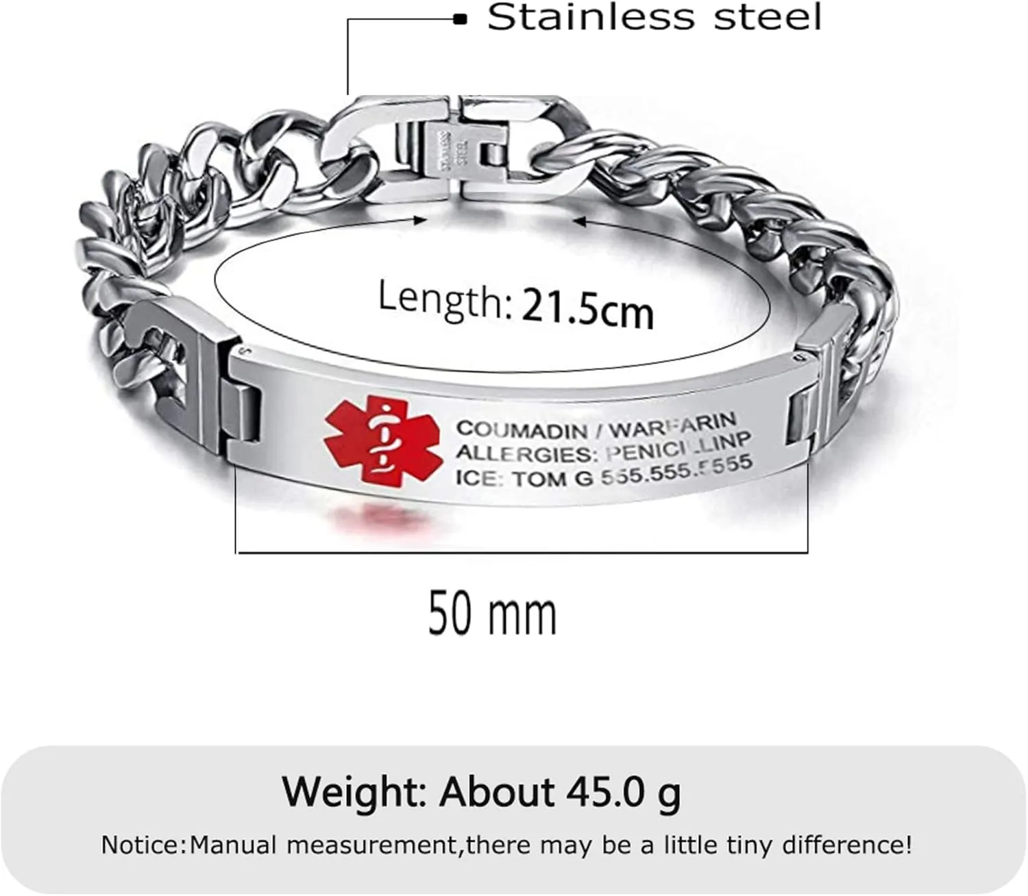 Custom Medical Alert Bracelet Engraved Emergency ID Stainless Steel Bracelets for Adults Men Women 7.5-8.5-9.8 Inch