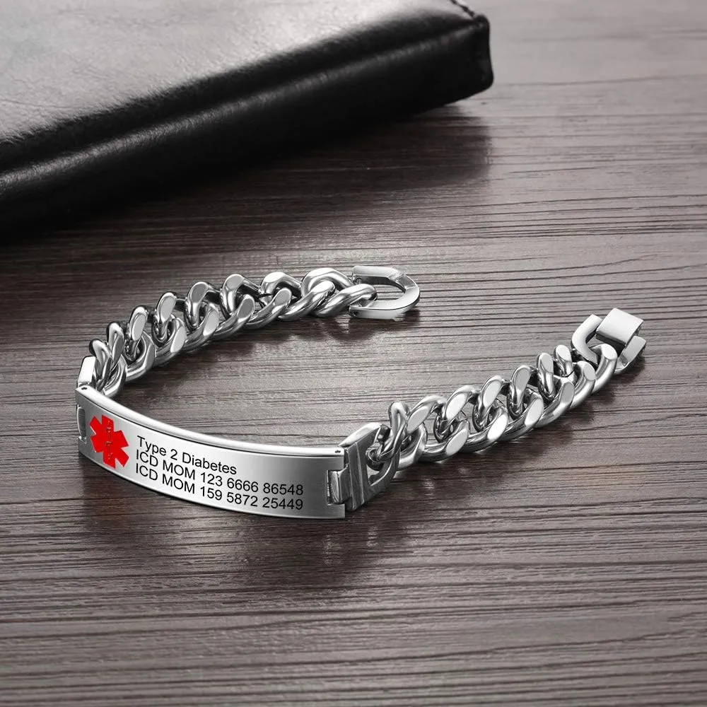 Custom Medical Alert Bracelet Engraved Emergency ID Stainless Steel Bracelets for Adults Men Women 7.5-8.5-9.8 Inch