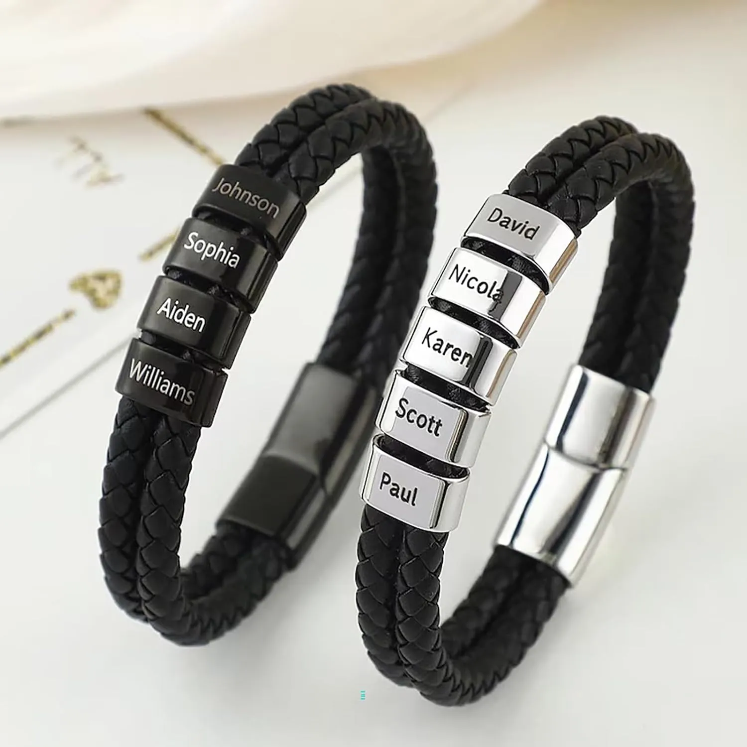 Custom Mens Bracelet with Famliy Name Adjustable Braided Leather Bracelets Personalized Fathers Day Dad Gifts from Daughter Son
