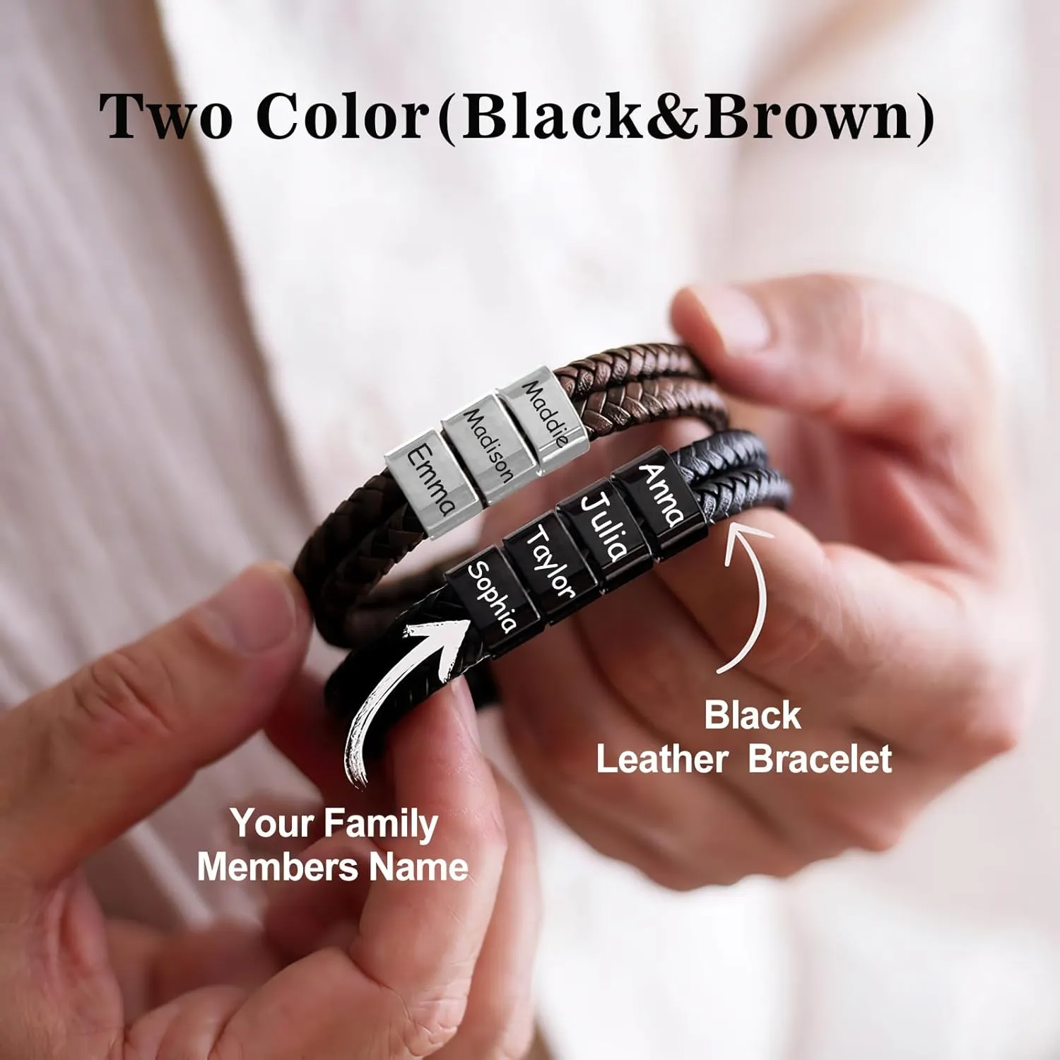 Custom Mens Bracelet with Famliy Name Adjustable Braided Leather Bracelets Personalized Fathers Day Dad Gifts from Daughter Son