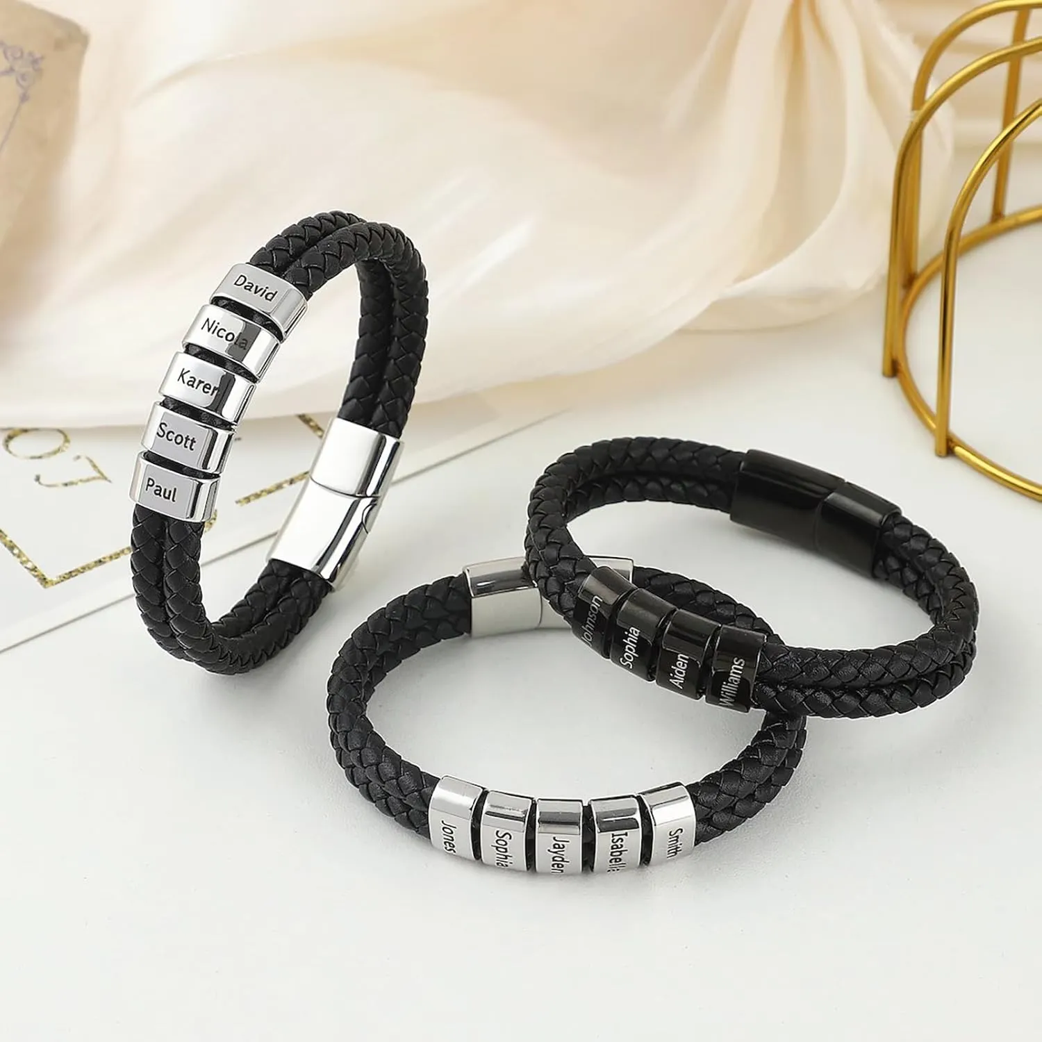Custom Mens Bracelet with Famliy Name Adjustable Braided Leather Bracelets Personalized Fathers Day Dad Gifts from Daughter Son