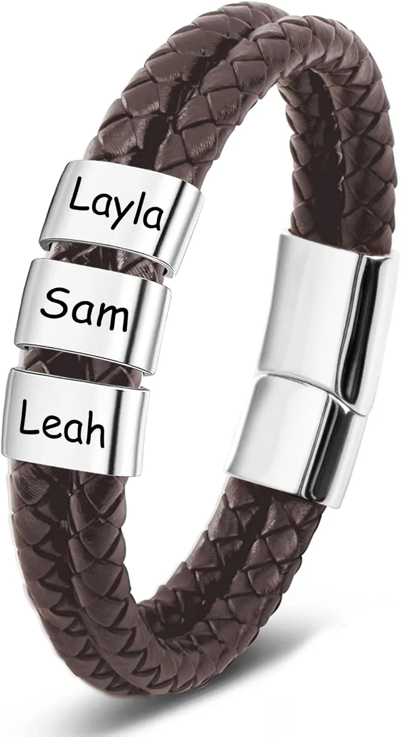 Custom Mens Bracelet with Famliy Name Adjustable Braided Leather Bracelets Personalized Fathers Day Dad Gifts from Daughter Son