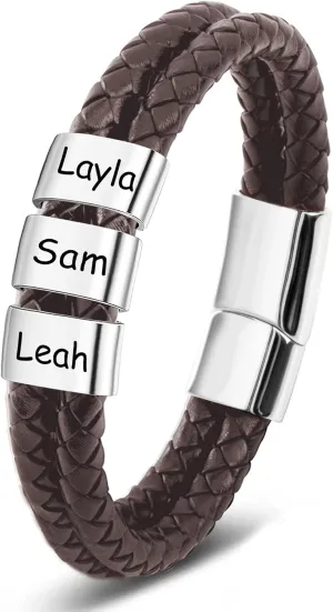 Custom Mens Bracelet with Famliy Name Adjustable Braided Leather Bracelets Personalized Fathers Day Dad Gifts from Daughter Son