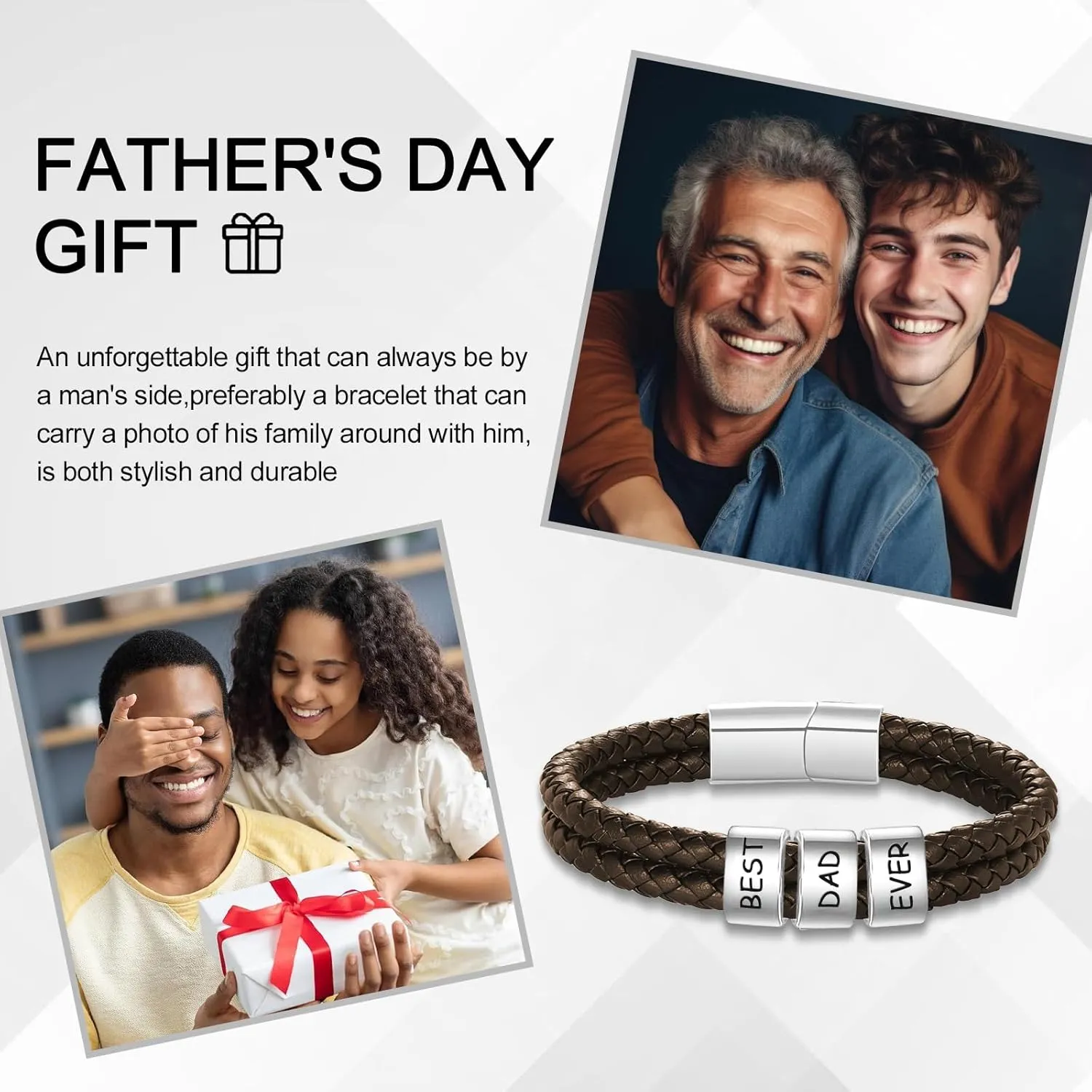 Custom Mens Bracelet with Famliy Name Adjustable Braided Leather Bracelets Personalized Fathers Day Dad Gifts from Daughter Son