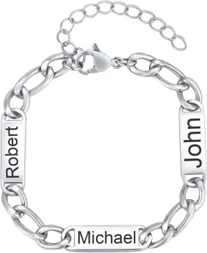 Custom Name Bracelets for Men Women - Personalized Stainless Steel ID Bracelet, Adjustable Figaro Chain Engrave Bar Bangle, Father's Day Anniversary Jewelry Gifts for Dad Husband Mother Friendship