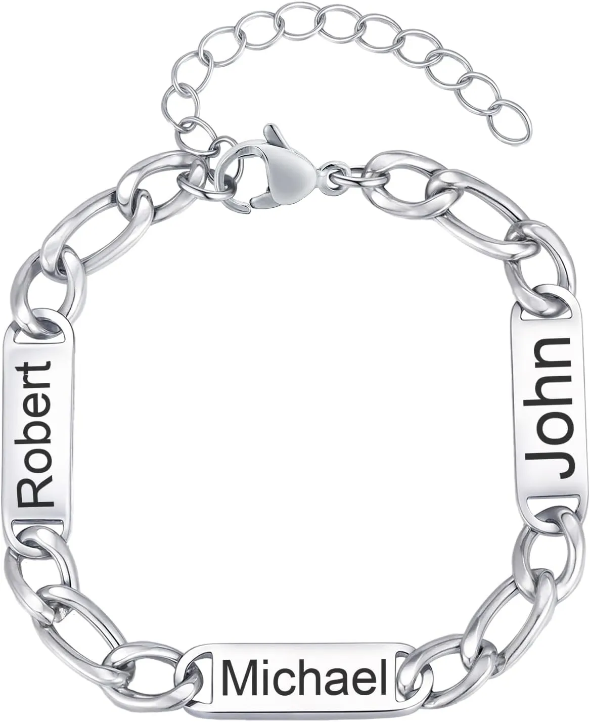 Custom Name Bracelets for Men Women - Personalized Stainless Steel ID Bracelet, Adjustable Figaro Chain Engrave Bar Bangle, Father's Day Anniversary Jewelry Gifts for Dad Husband Mother Friendship