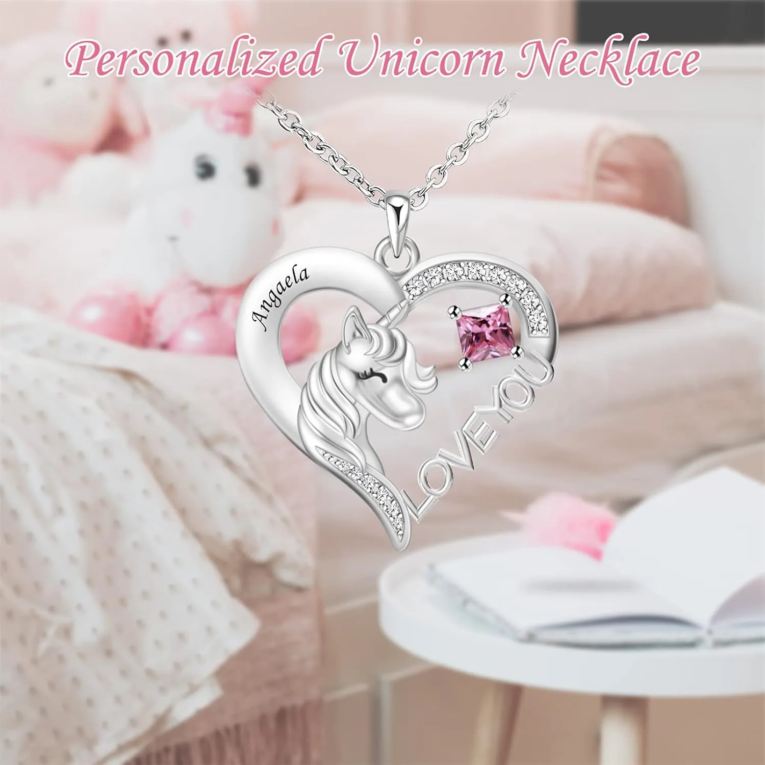 Custom Unicorn Heart Necklace for Women Birthstone Heart Pendant Necklace for Daughter Granddaughter Personalized Name Necklace for Birthday Christmas Party
