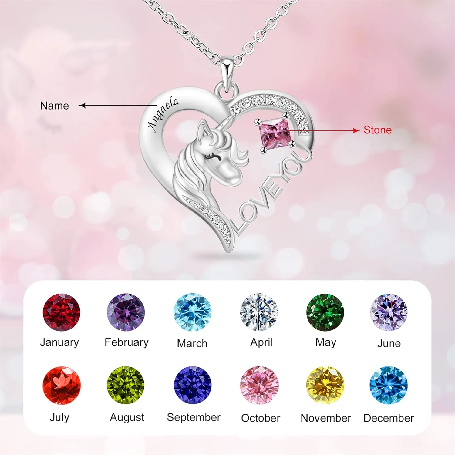Custom Unicorn Heart Necklace for Women Birthstone Heart Pendant Necklace for Daughter Granddaughter Personalized Name Necklace for Birthday Christmas Party