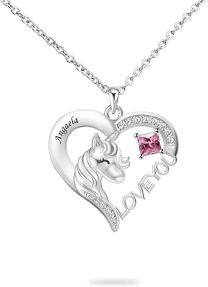 Custom Unicorn Heart Necklace for Women Birthstone Heart Pendant Necklace for Daughter Granddaughter Personalized Name Necklace for Birthday Christmas Party