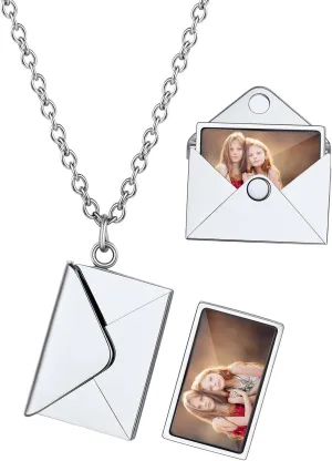 Custom4U Personalized Envelope Necklace with Picture Message Custom Love Letter Locket Necklace for Women Silver/Gold/Rose Gold/Black Birthday Mothers Day Photo Jewelry Gifts for Mom Wife (Gift Box)