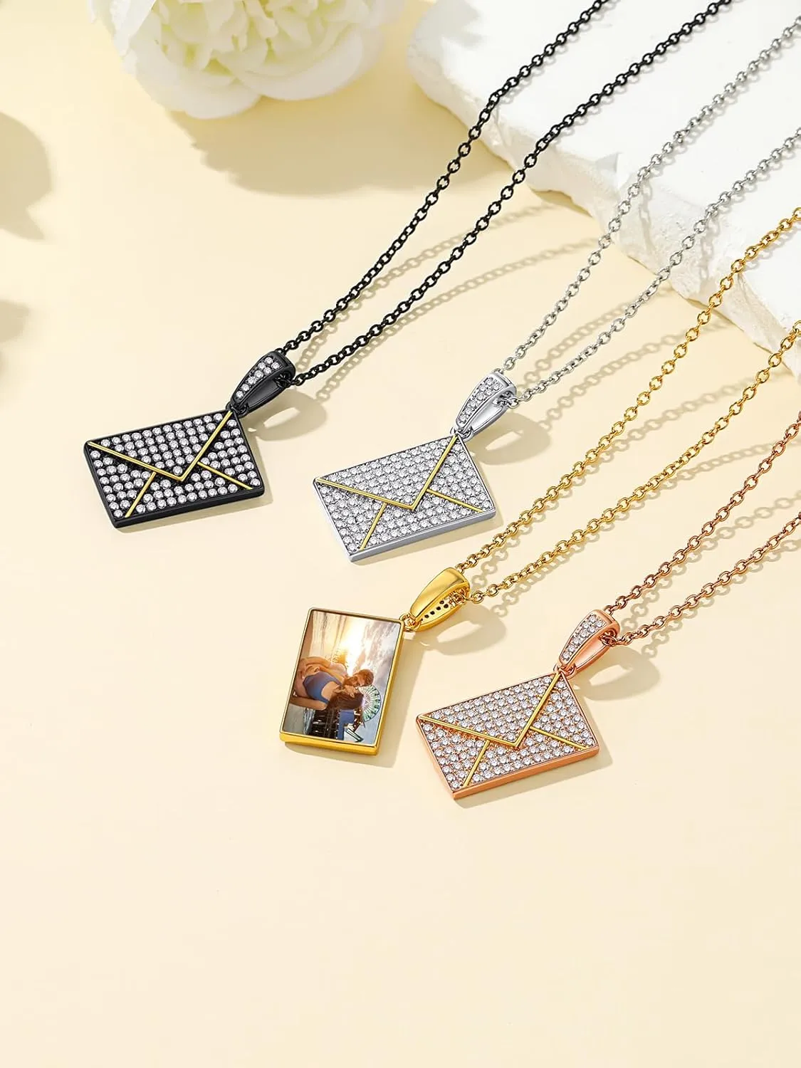 Custom4U Personalized Envelope Necklace with Picture Message Custom Love Letter Locket Necklace for Women Silver/Gold/Rose Gold/Black Birthday Mothers Day Photo Jewelry Gifts for Mom Wife (Gift Box)