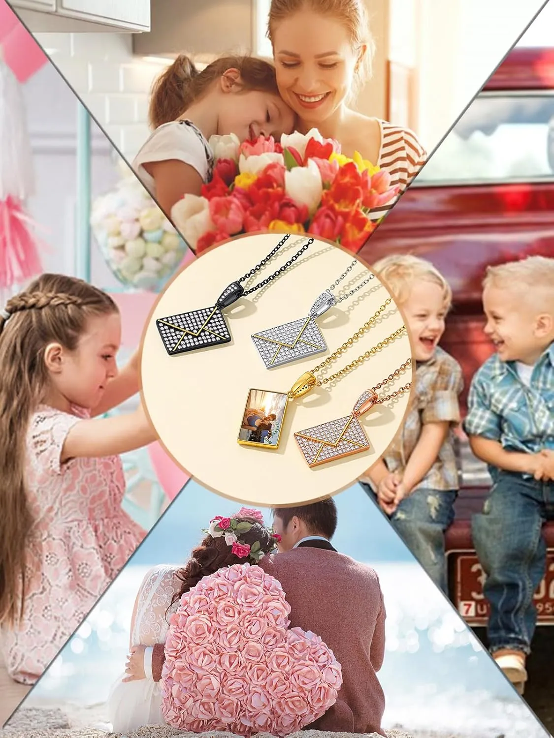 Custom4U Personalized Envelope Necklace with Picture Message Custom Love Letter Locket Necklace for Women Silver/Gold/Rose Gold/Black Birthday Mothers Day Photo Jewelry Gifts for Mom Wife (Gift Box)