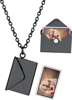 Custom4U Personalized Envelope Necklace with Picture Message Custom Love Letter Locket Necklace for Women Silver/Gold/Rose Gold/Black Birthday Mothers Day Photo Jewelry Gifts for Mom Wife (Gift Box)