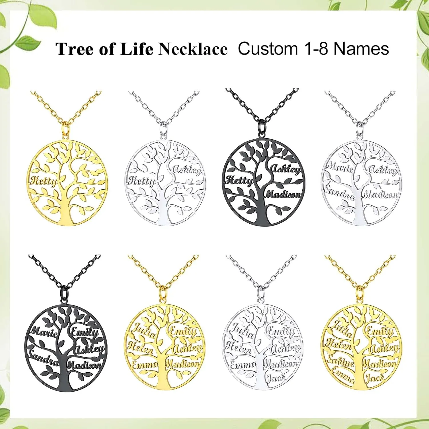 Custom4U Tree of Life Necklace Personalized with 1-8 Names 925 Sterling Silver/Stainless Steel/18k Gold Family Tree Pendant with Chain Custom Made Memorial Birthday Gifts for Mom Grandma Women