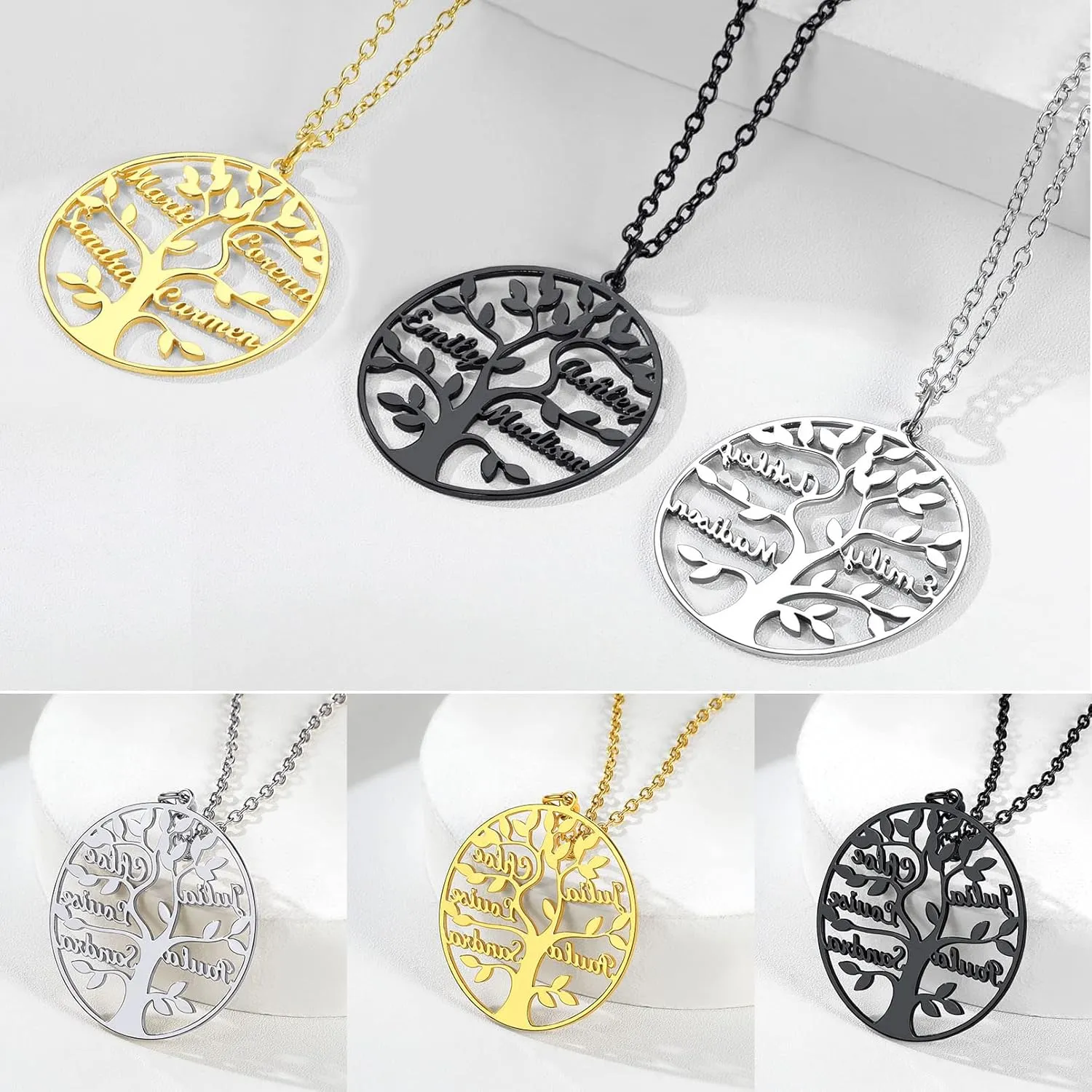 Custom4U Tree of Life Necklace Personalized with 1-8 Names 925 Sterling Silver/Stainless Steel/18k Gold Family Tree Pendant with Chain Custom Made Memorial Birthday Gifts for Mom Grandma Women