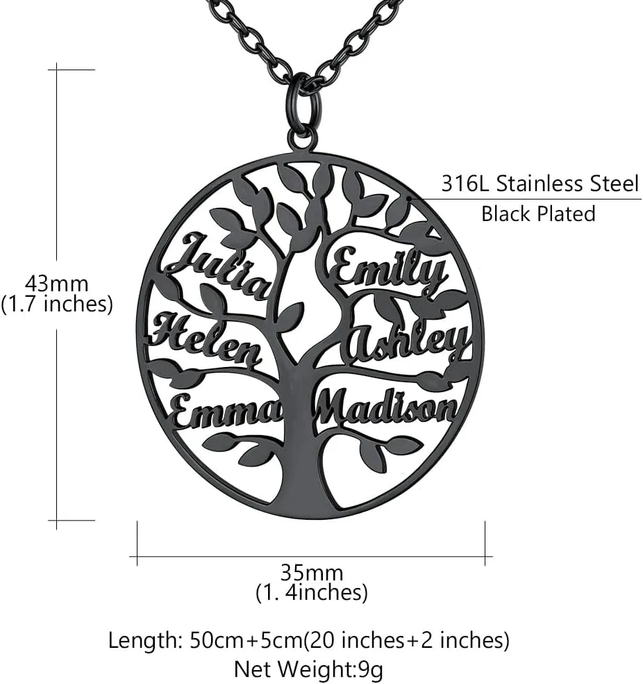 Custom4U Tree of Life Necklace Personalized with 1-8 Names 925 Sterling Silver/Stainless Steel/18k Gold Family Tree Pendant with Chain Custom Made Memorial Birthday Gifts for Mom Grandma Women