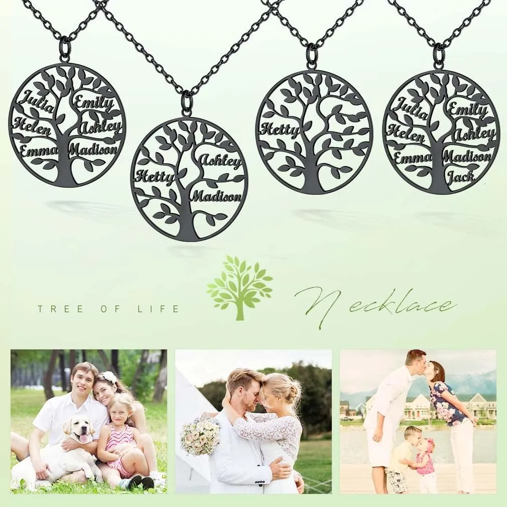 Custom4U Tree of Life Necklace Personalized with 1-8 Names 925 Sterling Silver/Stainless Steel/18k Gold Family Tree Pendant with Chain Custom Made Memorial Birthday Gifts for Mom Grandma Women
