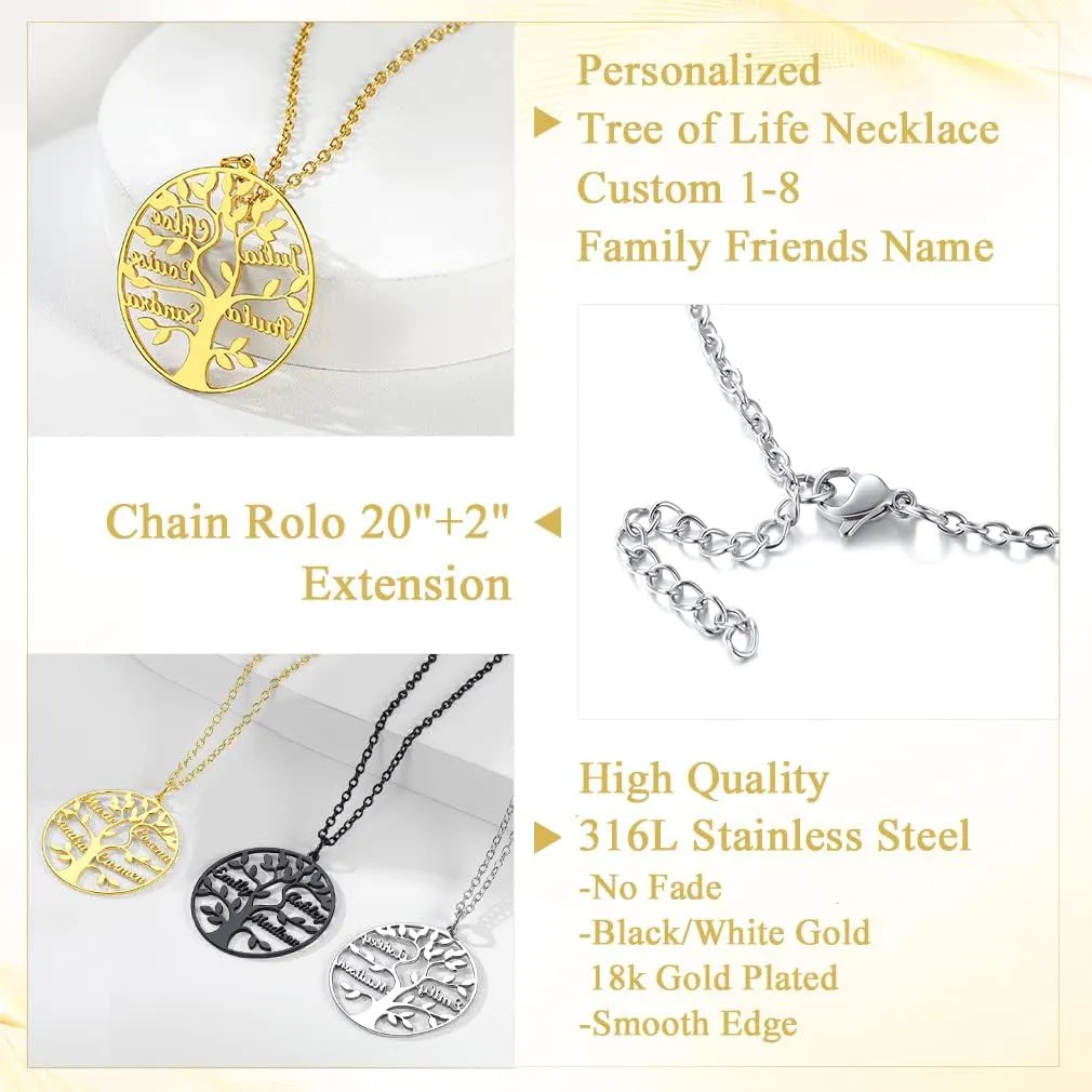 Custom4U Tree of Life Necklace Personalized with 1-8 Names 925 Sterling Silver/Stainless Steel/18k Gold Family Tree Pendant with Chain Custom Made Memorial Birthday Gifts for Mom Grandma Women