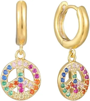 Cute Peace Sign Colorful CZ Huggie Small Hoop Earrings Dangle Drop for Women Sterling Silver Post 14K Gold Filled Simple Rainbow Crystal Charm Hoops Hypoallergenic Fashion Jewelry