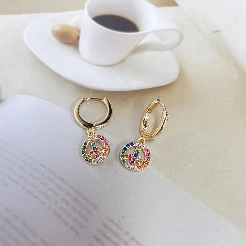Cute Peace Sign Colorful CZ Huggie Small Hoop Earrings Dangle Drop for Women Sterling Silver Post 14K Gold Filled Simple Rainbow Crystal Charm Hoops Hypoallergenic Fashion Jewelry
