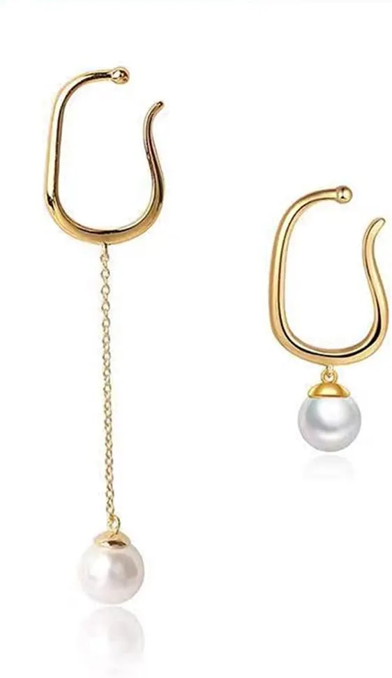 Cute Pearl Cuff Wrap Cartilage Earrings Sterling Silver 925 Classic Dangling Charm Pearl Threader Tasse Chain Clip On Hoop Earring Non Pierced Dangle Drop Stud Ear Jewelry Gifts for Women Girls Hypoallergenic