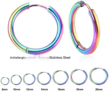 Dainty Hoop Earrings Set 8mm/10mm/12mm/14mm/16mm/18mm/20mm, 18K Gold/Rose Gold/Silver/Black/Rainbow Hypoallergenic, Lightweight, Simple and Classic Style 316L Stainless Steel for Pierced Ears