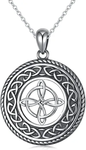 DAOCHONG 925 Sterling Silver Jewelry Oxidized Good Luck Irish Knot Celtic Medallion Round Pendant Necklace, 20 inch