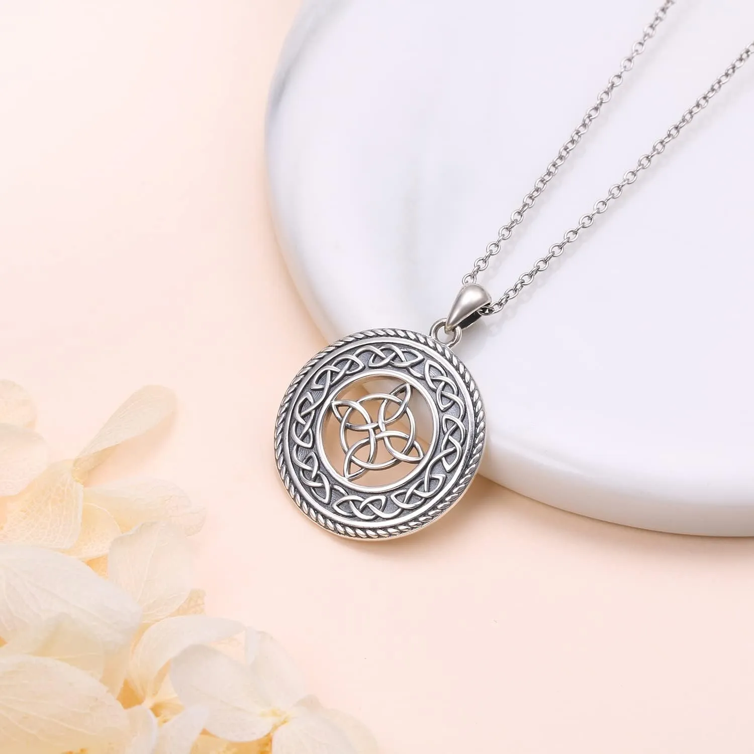 DAOCHONG 925 Sterling Silver Jewelry Oxidized Good Luck Irish Knot Celtic Medallion Round Pendant Necklace, 20 inch