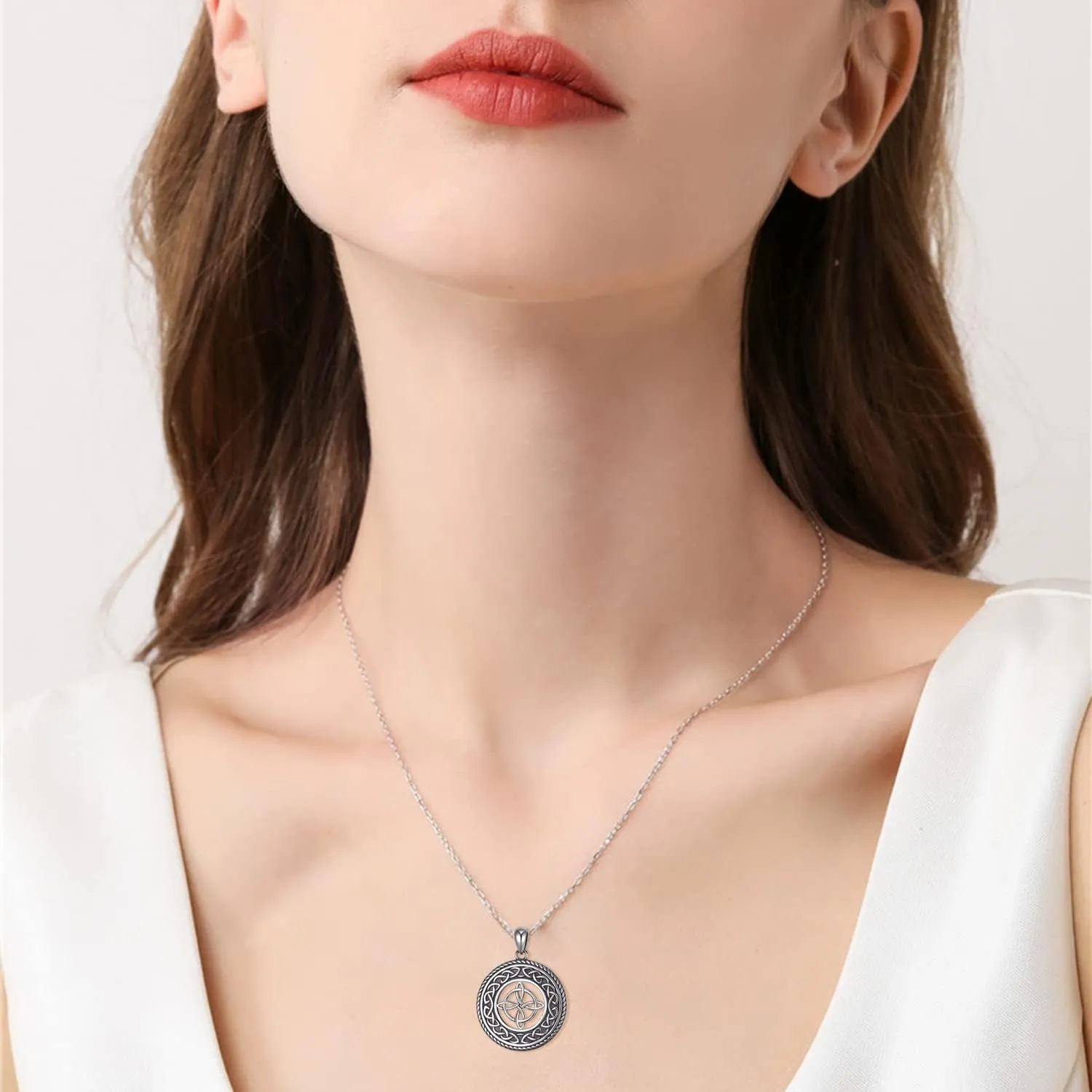 DAOCHONG 925 Sterling Silver Jewelry Oxidized Good Luck Irish Knot Celtic Medallion Round Pendant Necklace, 20 inch