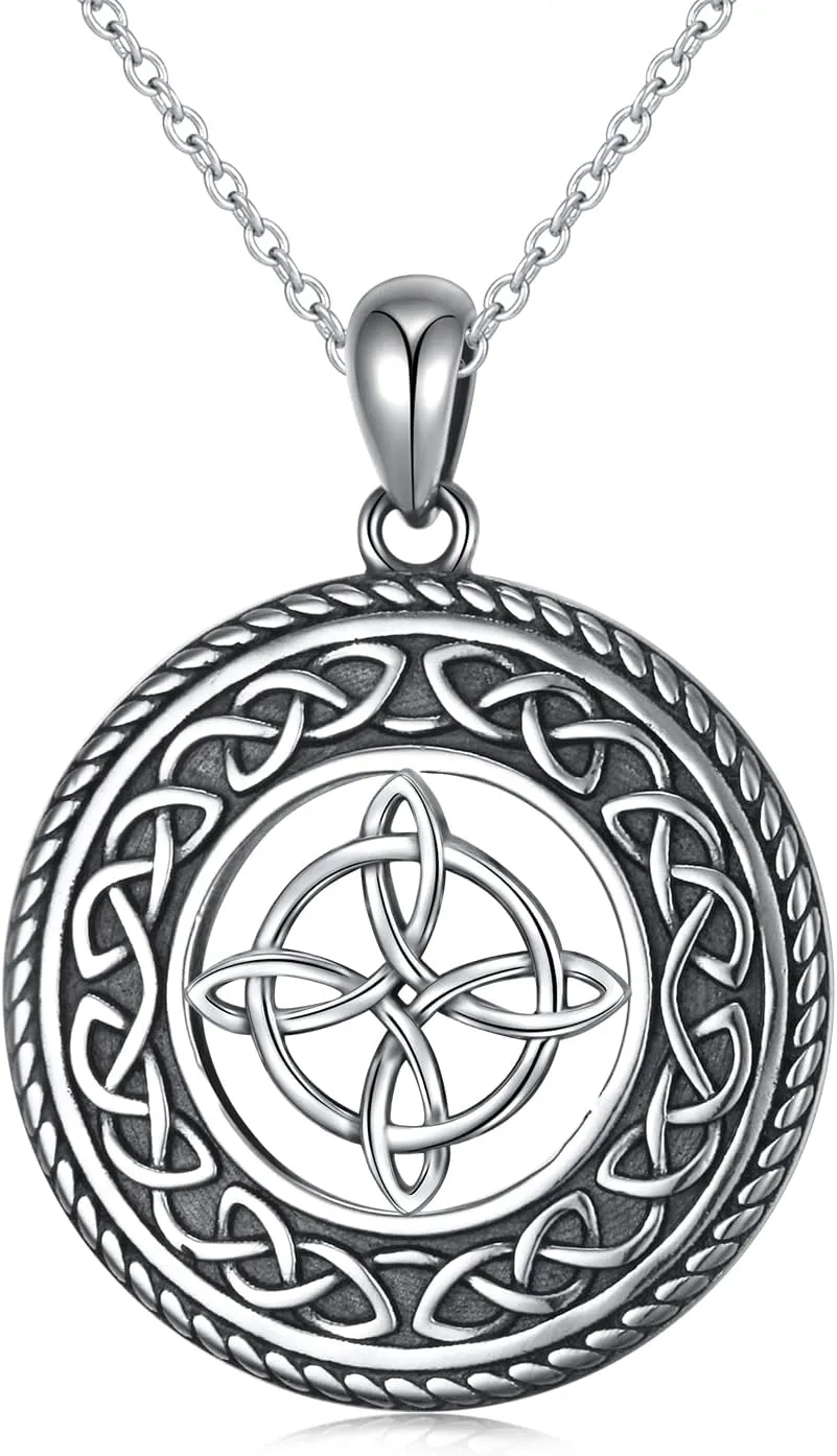 DAOCHONG 925 Sterling Silver Jewelry Oxidized Good Luck Irish Knot Celtic Medallion Round Pendant Necklace, 20 inch