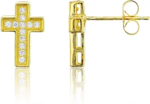 DECADENCE Sterling Silver Rhodium Micropave Cross Stud Earrings for Women | Multiple Styles of Cross Stud | Secure Friction Back Closure | 14k Plated Shiny Classic Earrings