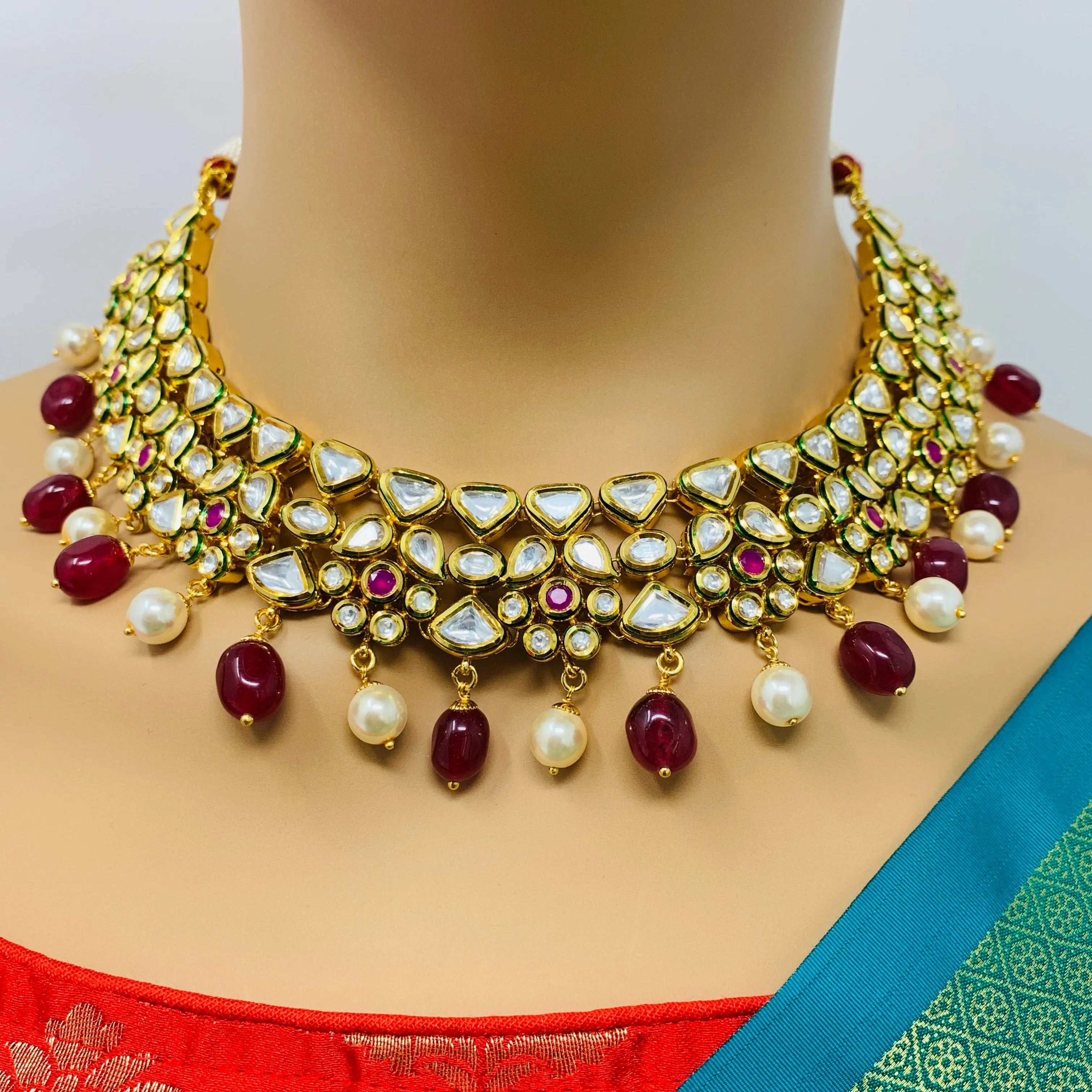 Designer Gold Plated Royal Kundan & Ruby Necklace with Earrings (D434)