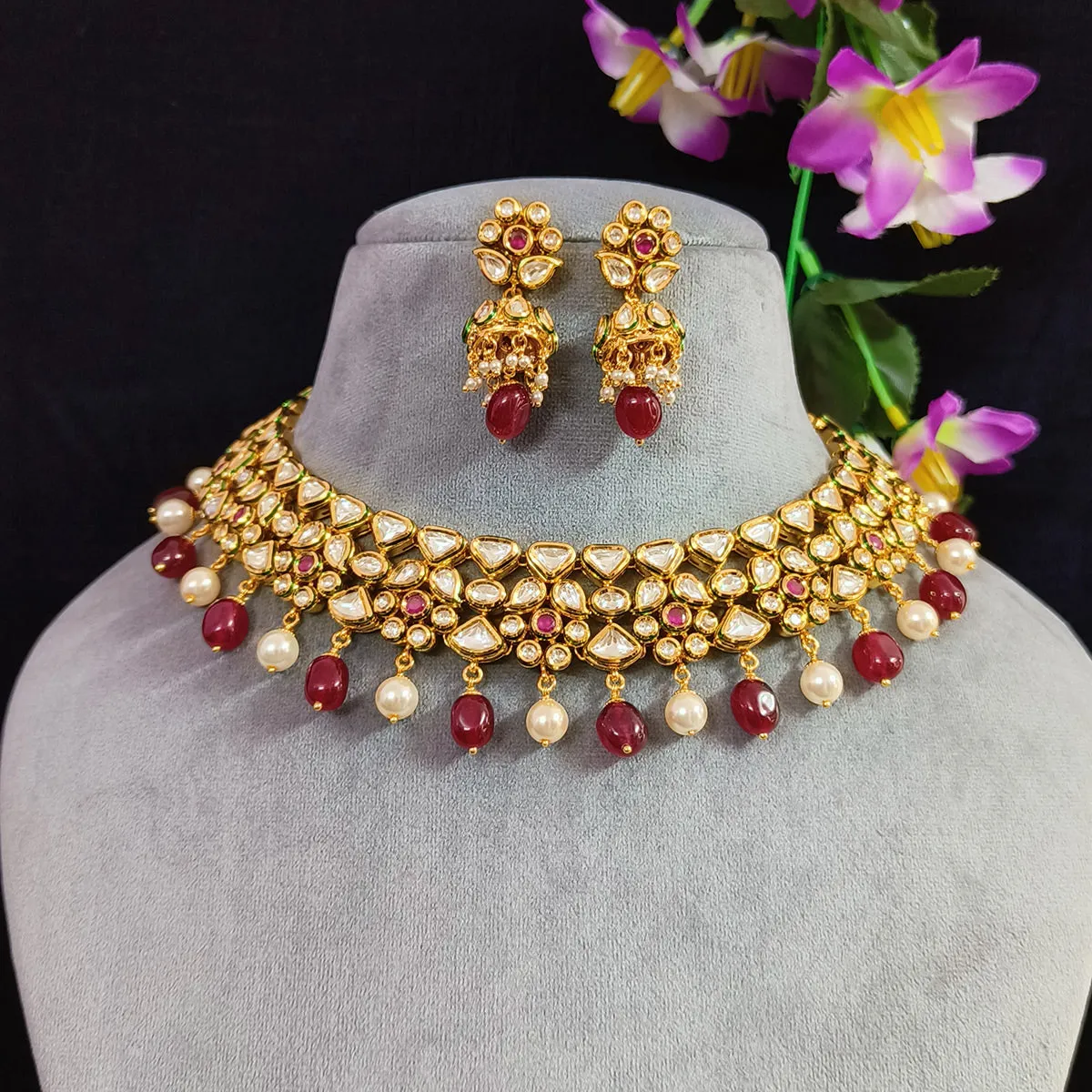 Designer Gold Plated Royal Kundan & Ruby Necklace with Earrings (D434)