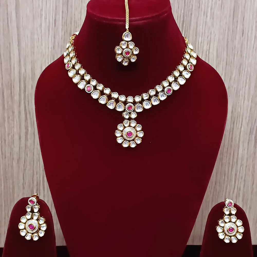 Designer Gold Plated Two Layer Royal Kundan & Ruby Necklace with Earrings (D305)