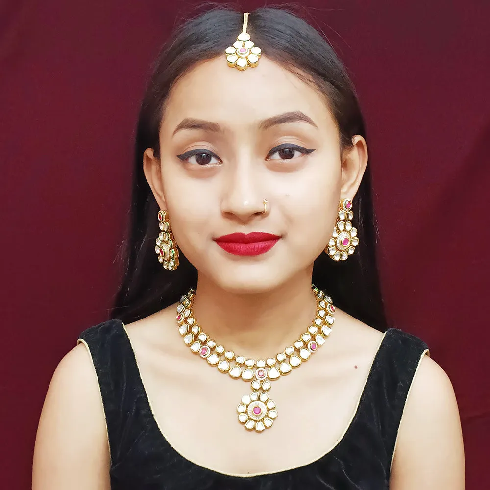 Designer Gold Plated Two Layer Royal Kundan & Ruby Necklace with Earrings (D305)
