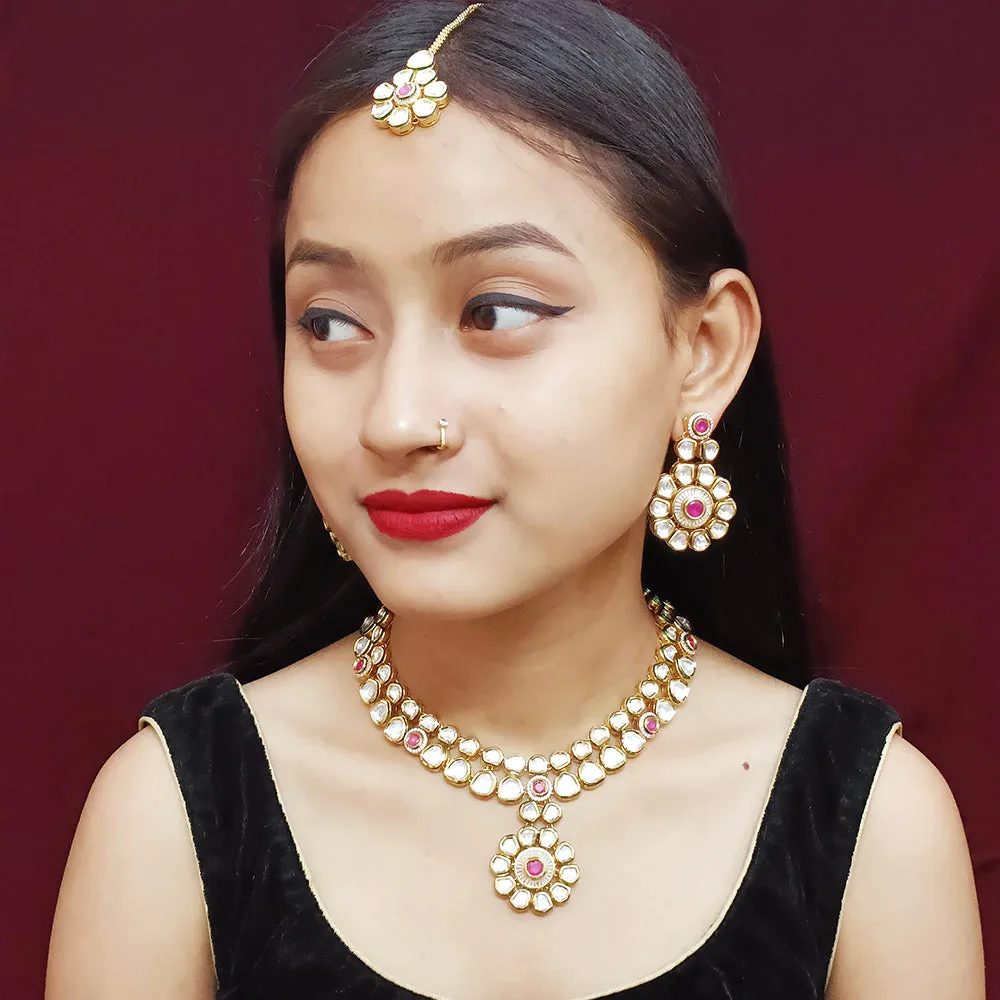Designer Gold Plated Two Layer Royal Kundan & Ruby Necklace with Earrings (D305)