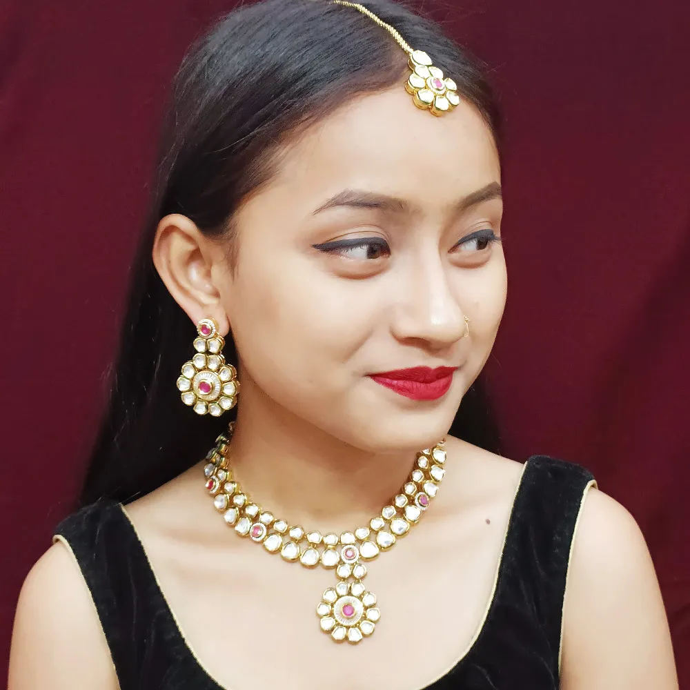 Designer Gold Plated Two Layer Royal Kundan & Ruby Necklace with Earrings (D305)