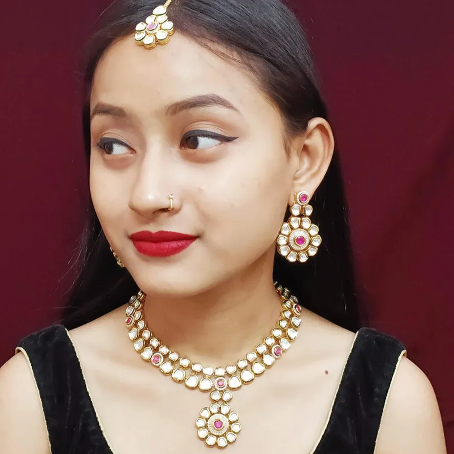 Designer Gold Plated Two Layer Royal Kundan & Ruby Necklace with Earrings (D305)