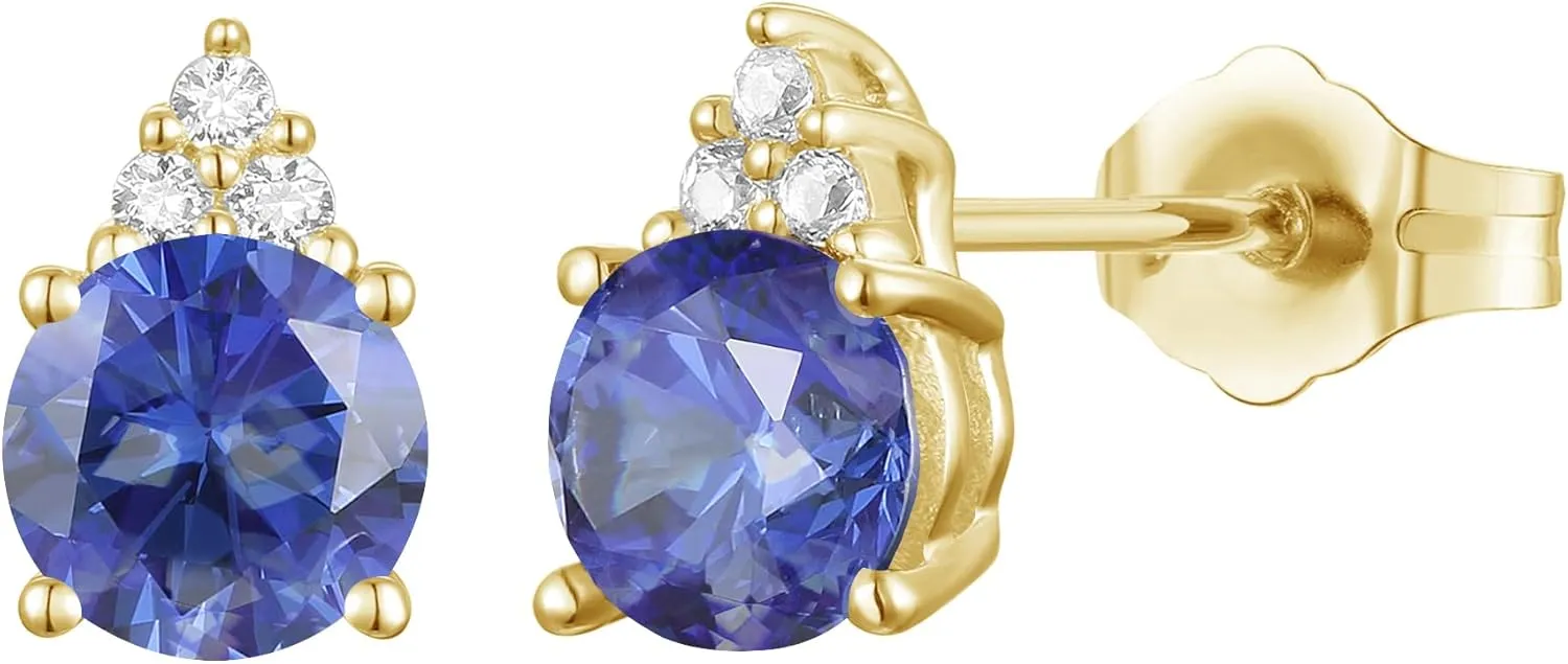 Diamonds and Genuine Gemstone Stud Earrings, 3 Natural Round Shaped Diamonds Set Above a Natural Gemstone, 14K Rose Gold/14K Gold/14K White Gold, 4.5mm Stone (0.03 cttw)