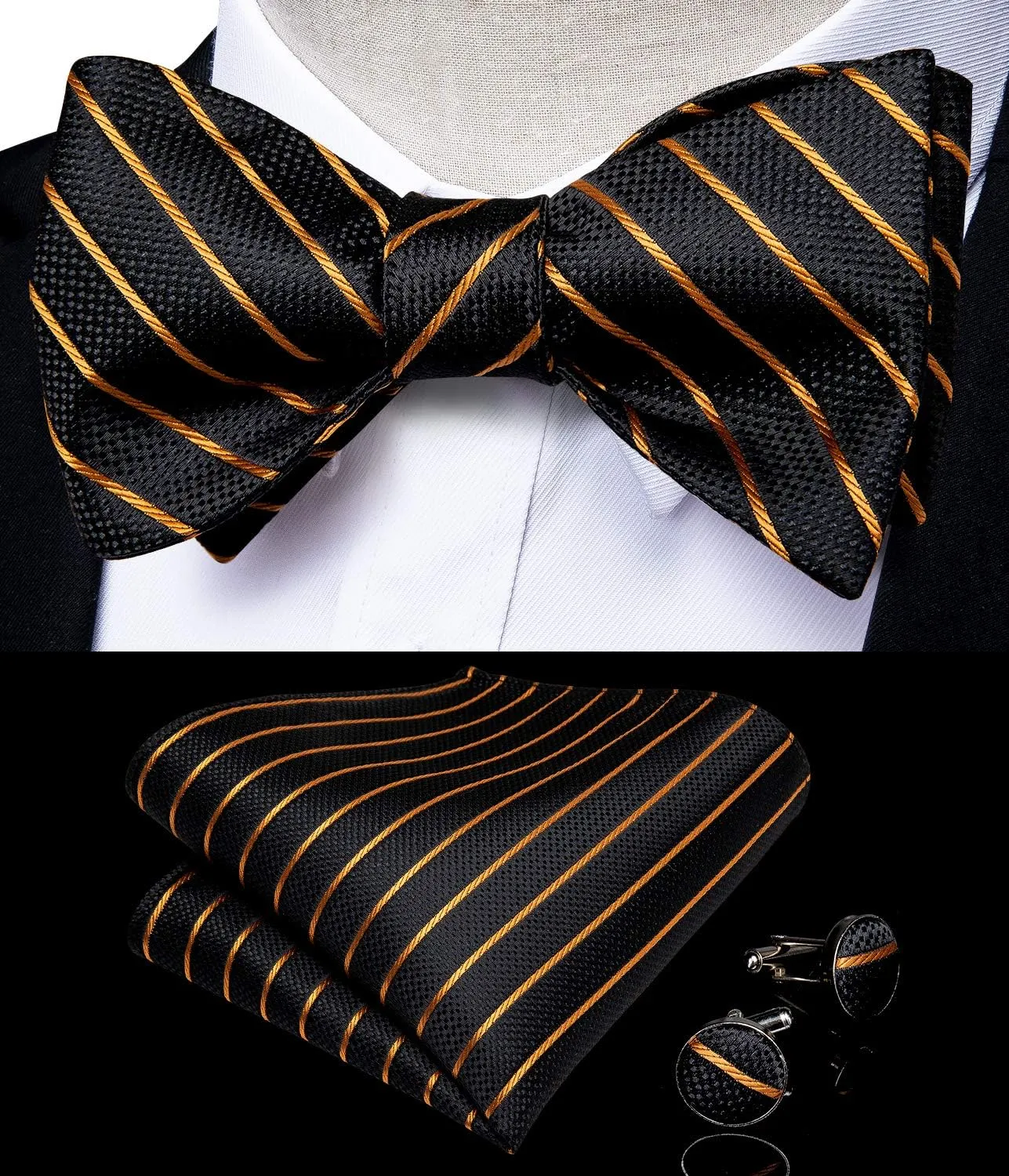 DiBanGu Mens Bow Tie Paisley Striped Self Bow Tie for Men Silk Woven Bowtie Pocket Square Cufflinks Wedding Party