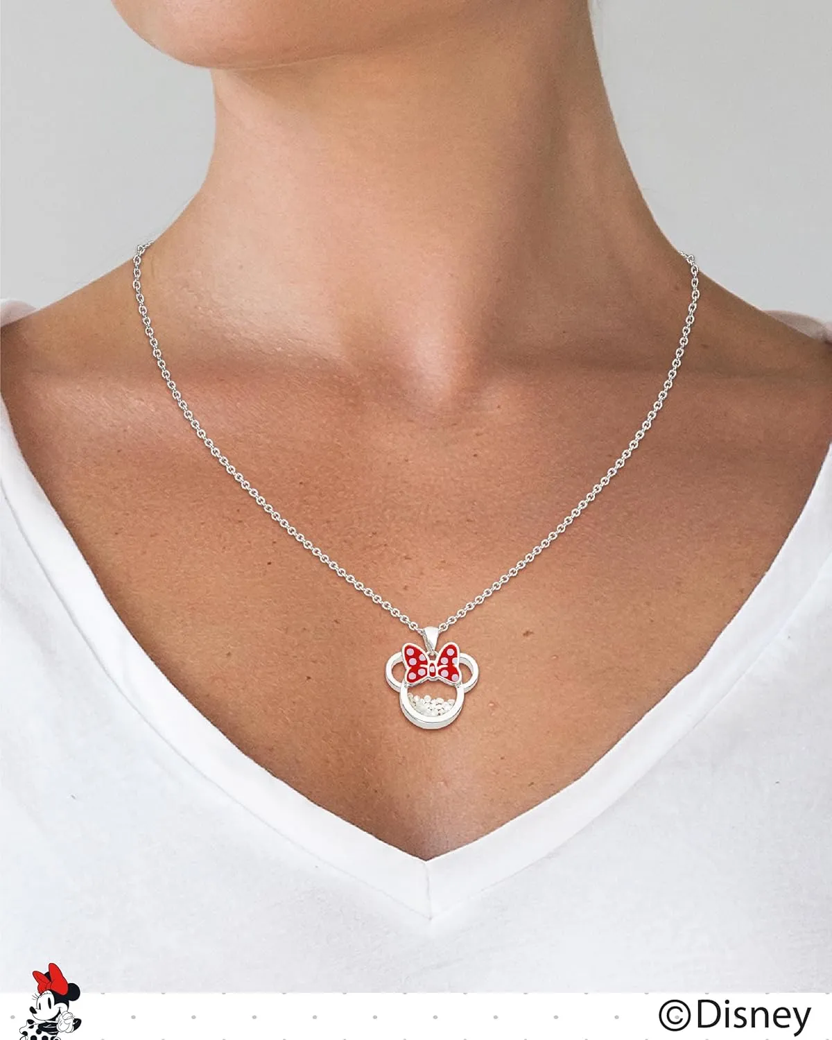 Disney Women and Birthstone Jewelry - Minnie Mouse Cubic Zirconia Shaker Pendant Necklace, Silver Plated, 18 2" Extender