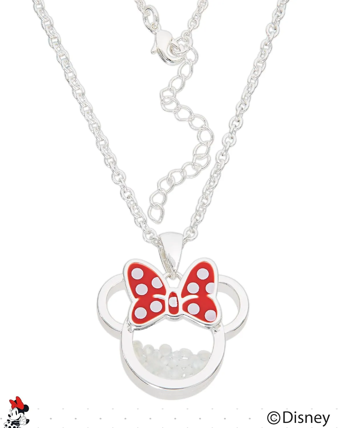 Disney Women and Birthstone Jewelry - Minnie Mouse Cubic Zirconia Shaker Pendant Necklace, Silver Plated, 18 2" Extender