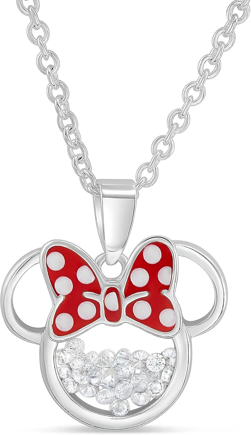 Disney Women and Birthstone Jewelry - Minnie Mouse Cubic Zirconia Shaker Pendant Necklace, Silver Plated, 18 2" Extender